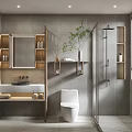 Modern Bathroom Interior Design With Wooden Shelves Vanity Mirror And Glass Shower Enclosure