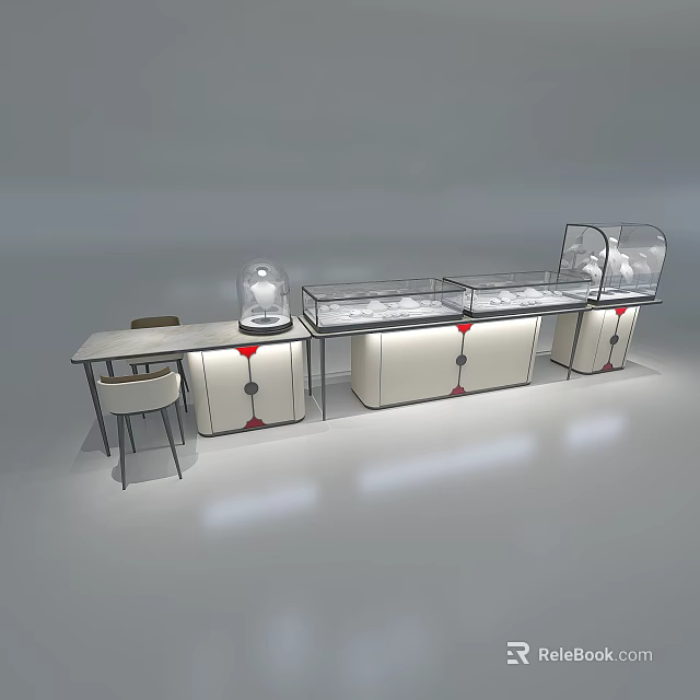 Modern Specialty Store Interior With Glass Display Cases Counters And Seating Chairs 3d model 