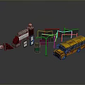 Yellow School Bus In School Scene With Building Street Lamp Trash Bin And Basketball Hoop