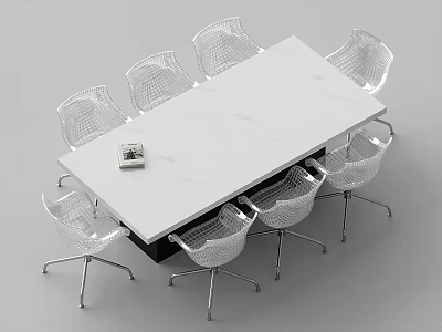 Marble Top Conference Table With Eight Transparent Mesh Chairs And Magazine On Surface 3d model