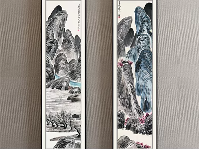 Traditional Chinese Ink Landscape Painting With Mountains Rivers Rocks And Red Blossoms On Vertical Scroll 3d model