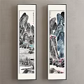 Traditional Chinese Ink Landscape Painting With Mountains Rivers Rocks And Red Blossoms On Vertical Scroll