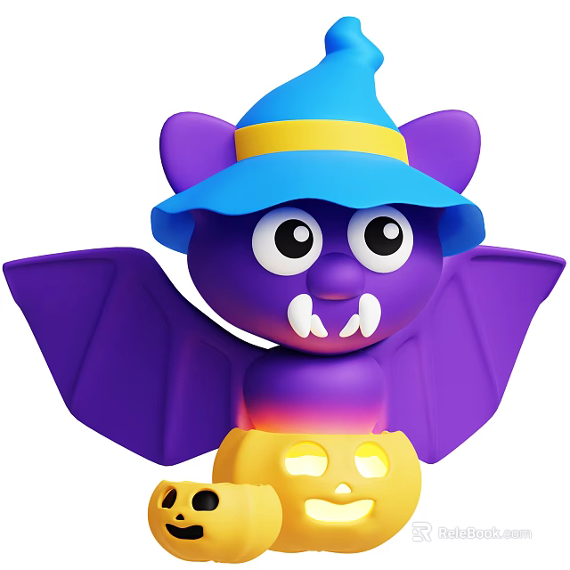 Halloween Themed Yellow Pumpkin Dessert With Purple Bat Blue Hat And Yellow Ribbon 3d model 