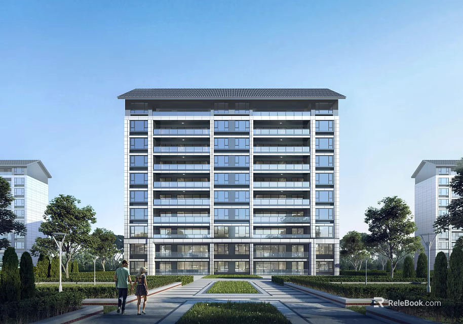 Modern High Rise Residential Building With Glass Curtain Walls And Landscaped Walkway Trees Lawns 3d model 