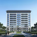Modern High Rise Residential Building With Glass Curtain Walls And Landscaped Walkway Trees Lawns