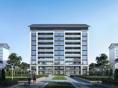 Modern High Rise Residential Building With Glass Curtain Walls And Landscaped Walkway Trees Lawns 3d model