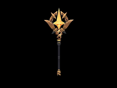 Golden Ornate Staff with Star Shaped Top Wing Elements Black Shaft and Intricate Base 3d model