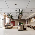 Spacious Modern Restaurant Interior With Neat Tables Buffet Counter Wall Painting Bright Lighting And Ceiling Plants