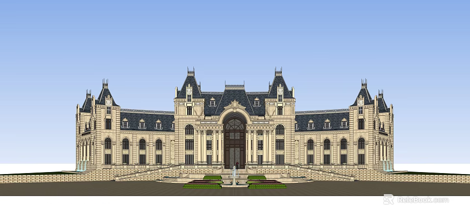 Elegant Classic European Detached Villa With Gabled Roofs Symmetrical Design Large Windows And Front Lawn 3d model 