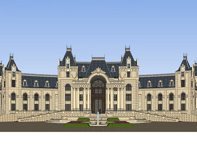 Elegant Classic European Detached Villa With Gabled Roofs Symmetrical Design Large Windows And Front Lawn 3d model