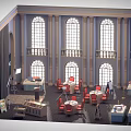 Cartoon Style Reception Hall Scene With Welcome Screens Sofas Tables Chairs And Arched Windows