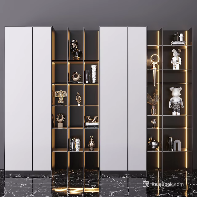 Modern Multi tiered Storage Shelving Unit With Decorative Sculptures And LED Lighting 3d model 