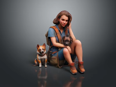 The Woman Sitting With Two Dogs In Blue Shirt Denim Shorts Brown Boots And Backpack 3d model