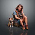 The Woman Sitting With Two Dogs In Blue Shirt Denim Shorts Brown Boots And Backpack