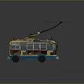 Vintage Yellow Blue Trolley Bus Featuring Roof Power Lines And Front Headlights Design