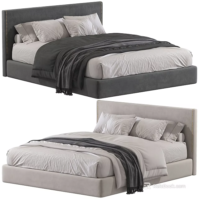 Modern Double Bed With Upholstered Headboard White Sheets Gray Blanket And Decorative Pillows 3d model 