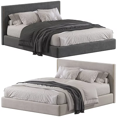Modern Double Bed With Upholstered Headboard White Sheets Gray Blanket And Decorative Pillows 3d model