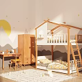 Kids Room Wooden Bunk Bed With House Shaped Roof Wardrobe Desk And Decorative Wall