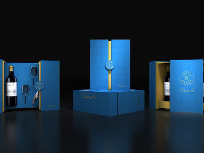 Decorative Ornament Set with Blue Packaging Golden Accents Wine Bottle Corkscrew Wine Glasses and Legende 3d model