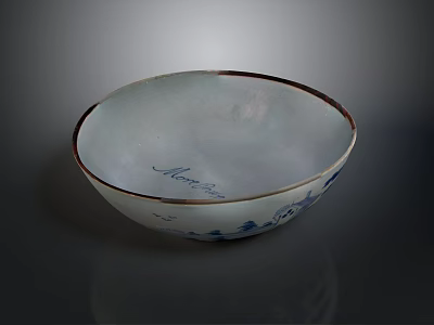Hand Carved White Bowl With Brown Rim And Blue Decorative Patterns Marguerite Lettering 3d model