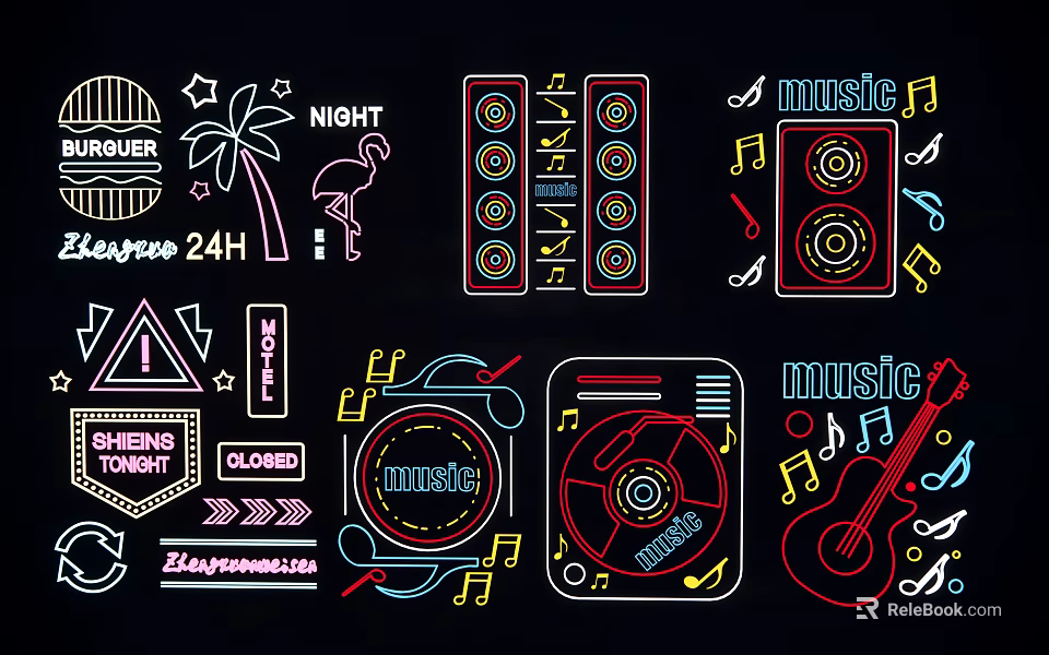 Neon Music Themed Decorative Lights With Palm Tree Flamingo Music Notes And Speaker Designs 3d model 