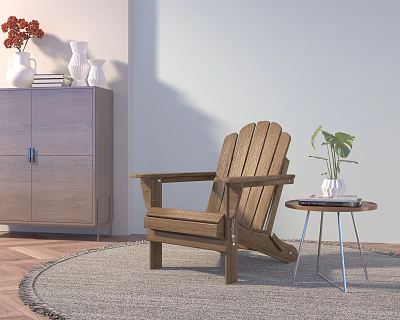 Wooden Leisure Chair Classic Design With Side Table Plant Books Vase On Rug Wooden Floor 3d model