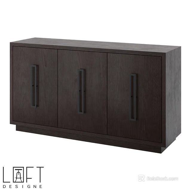 Modern Minimalist Wooden Sideboard With Three Doors And Black Handles Dark Finish 3d model 