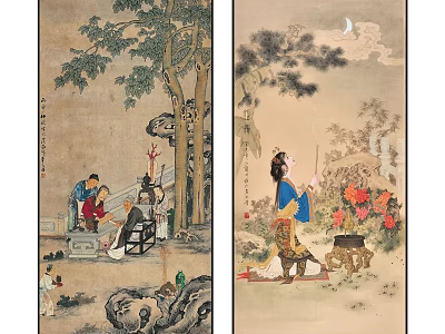 Traditional Chinese Figure Painting With Classical Figures Trees Flowers Rocks And Moon 3d model