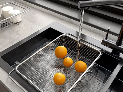 Kitchen Sink With Metal Strainer Washing Oranges Under Flowing Water Faucet 3d model