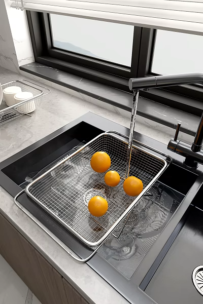 Kitchen Sink With Metal Strainer Washing Oranges Under Flowing Water Faucet 3d model