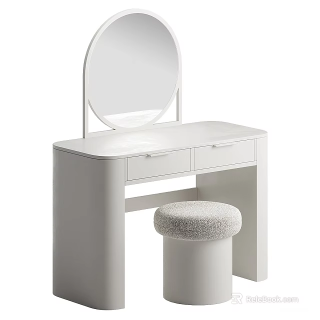 White Modern Dressing Table With Round Mirror Drawers And Faux Fur Stool 3d model 