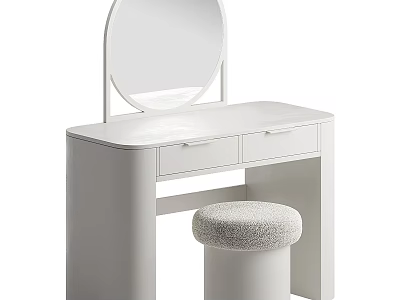 White Modern Dressing Table With Round Mirror Drawers And Faux Fur Stool 3d model