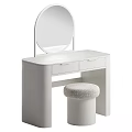 White Modern Dressing Table With Round Mirror Drawers And Faux Fur Stool