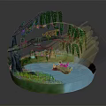 Cartoon Scene with Willow Tree Leopard on Branch Pond and Boat with Characters