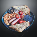 Classic English Breakfast Plate With Grilled Sausages Baked Beans Mushrooms Roasted Tomatoes And Toast