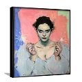 Oil Painting Female Portrait with Hands on Head Wearing Dark Tank Top Pink Background Brushstrokes