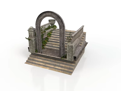 Classical Stone Arch Structure With Staircase Railings And Ornate Green Plants 3d model