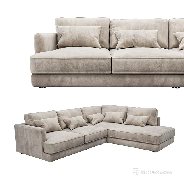 L Shaped Sectional Sofa with Light Beige Fabric and Decorative Pillows 3d model