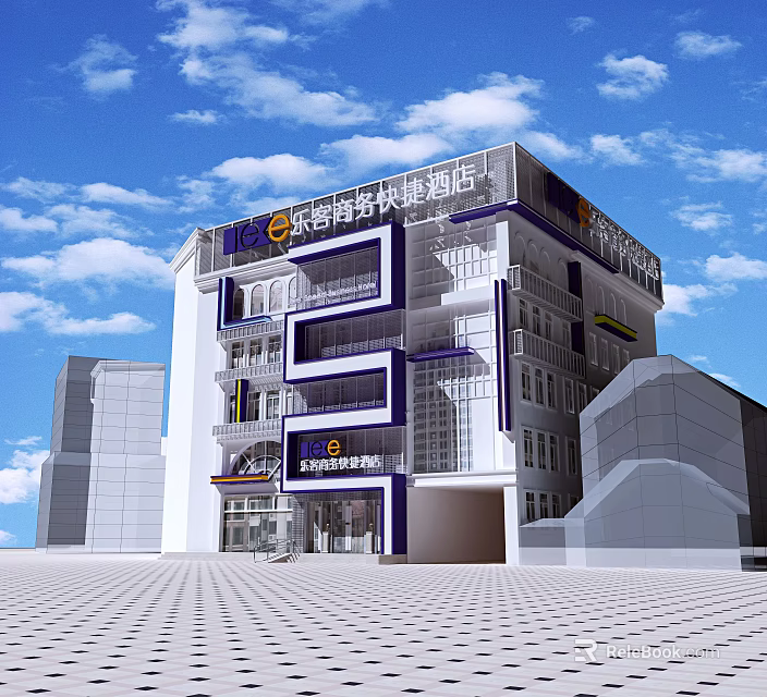 Modern Multi Story Business Express Hotel Building With Glass Facade And Blue Accents 3d model 