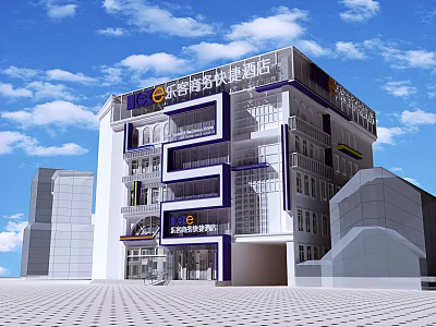 Modern Multi Story Business Express Hotel Building With Glass Facade And Blue Accents 3d model