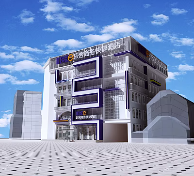 Modern Multi Story Business Express Hotel Building With Glass Facade And Blue Accents 3d model