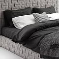 Double Bed with Woven Headboard Multiple Pillows and Cozy Blanket in Modern Gray Tones 3d model