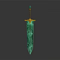 Green Blade Sword With Golden Hilt Brown Handle And Decorative Gemstone Design For Fantasy Weapon