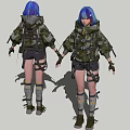 Woman with blue hair in camouflage outfit wearing backpack shorts and boots