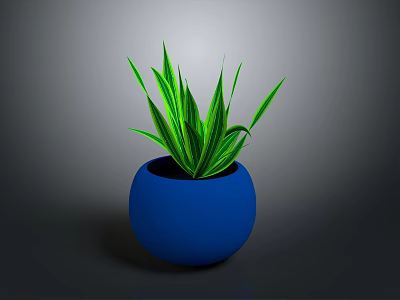 Green Leafy Plant in Blue Spherical Pot with Long Slender Leaves Against Gray Background 3d model