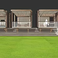 Modern Building With Wooden Slats Facade Glass Railings Steps And Lawn Trees