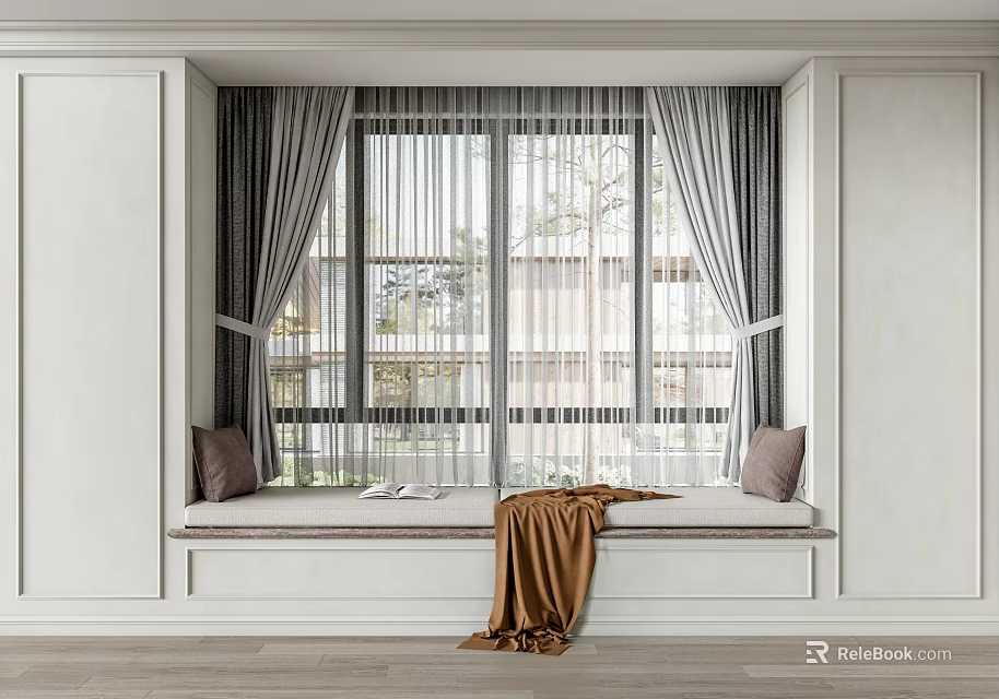 Light Gray Curtains with Sheer Panels on Window Seat with Cushions and Throw Blanket 3d model 