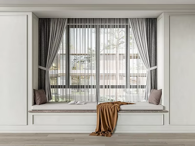 Light Gray Curtains with Sheer Panels on Window Seat with Cushions and Throw Blanket 3d model