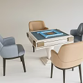 Modern Entertainment Table with Gray and Beige Chairs and Blue Board Game in Minimalist Room