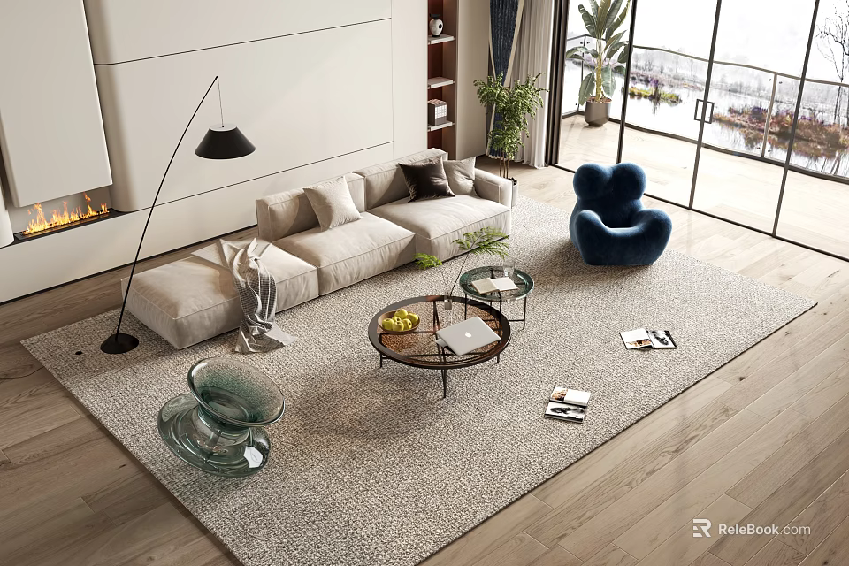 Modern Beige Sofa Coffee Table Combination with Blue Accent Chair Floor Lamp and Area Rug 3d model 